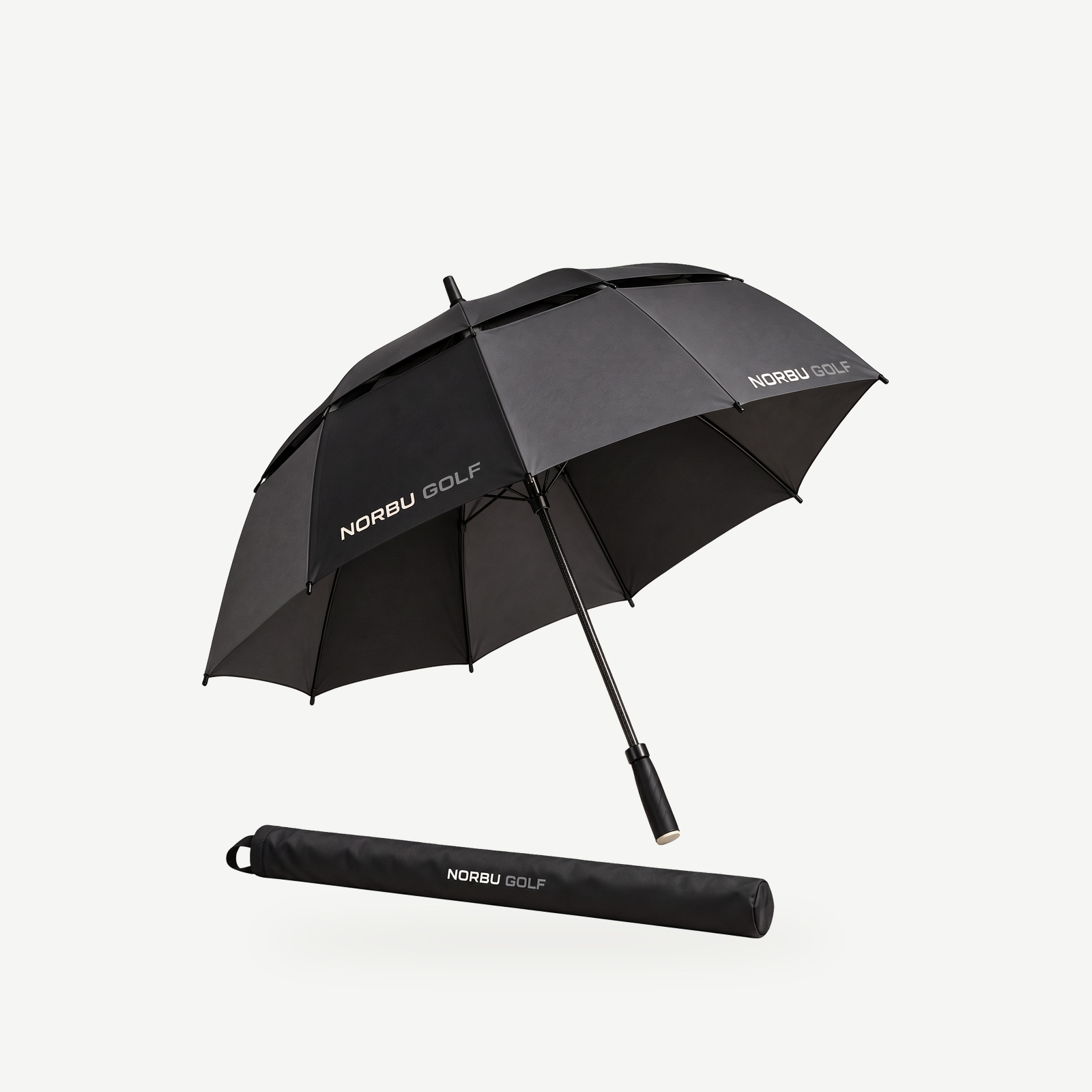 NORBU Golf Umbrella, open, with its carry sleeve, studio view