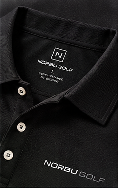 Collar and placket detail of the NORBU Performance Polo in black