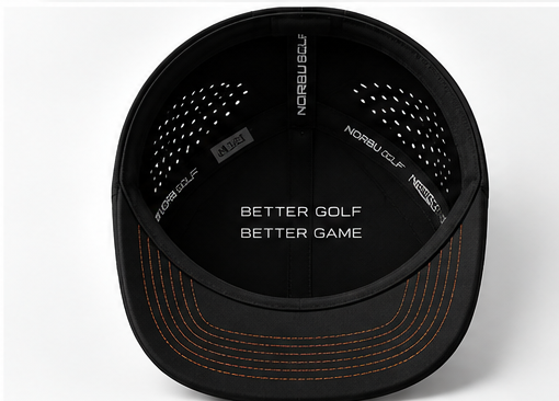 Interior of the NORBU Tour Cap in black, showing the NORBU Golf taping and contrast stitching