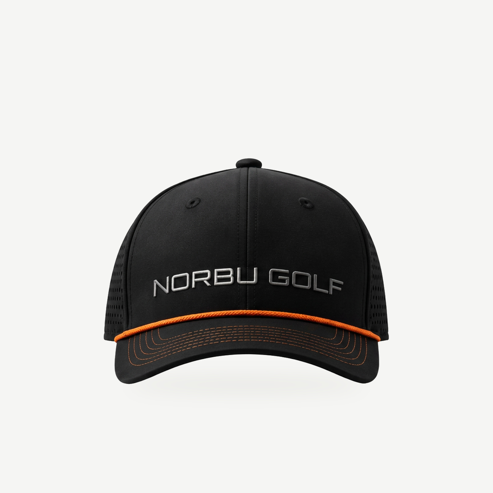 NORBU Tour Cap in black with orange rope detail, front studio view