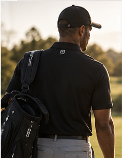 Golfer walking the course in the NORBU Performance Polo in black, carrying a golf bag