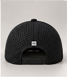 Back of the NORBU Performance Cap in black, showing the perforated panels and snap closure