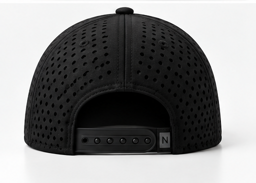 Back of the NORBU Tour Cap in black, showing the perforated panels and snap closure