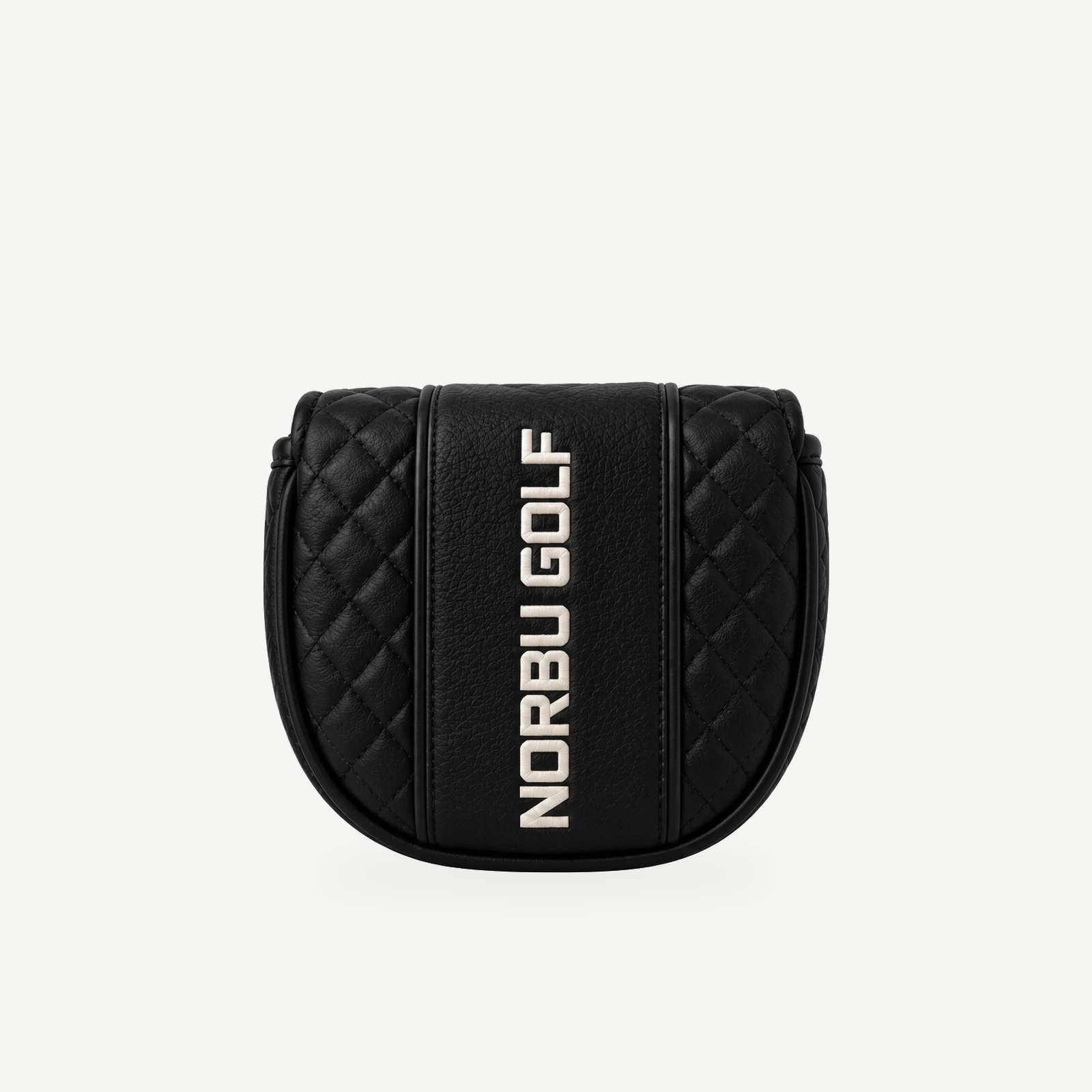 NORBU Mallet Putter Cover, quilted black leather with raised NORBU GOLF lettering, front studio view