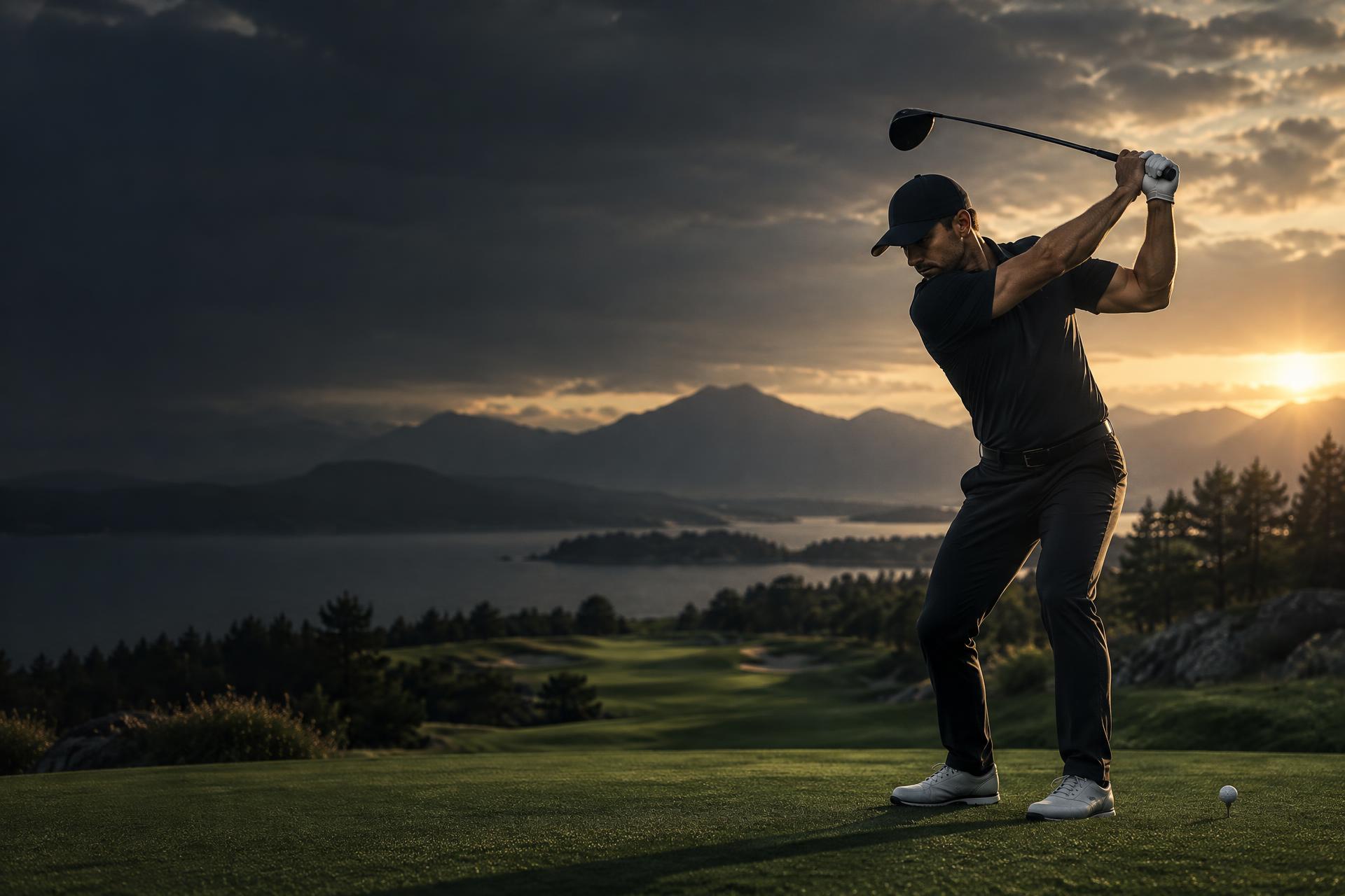 Golfer at the top of his backswing with a modern driver on a championship tee at golden hour