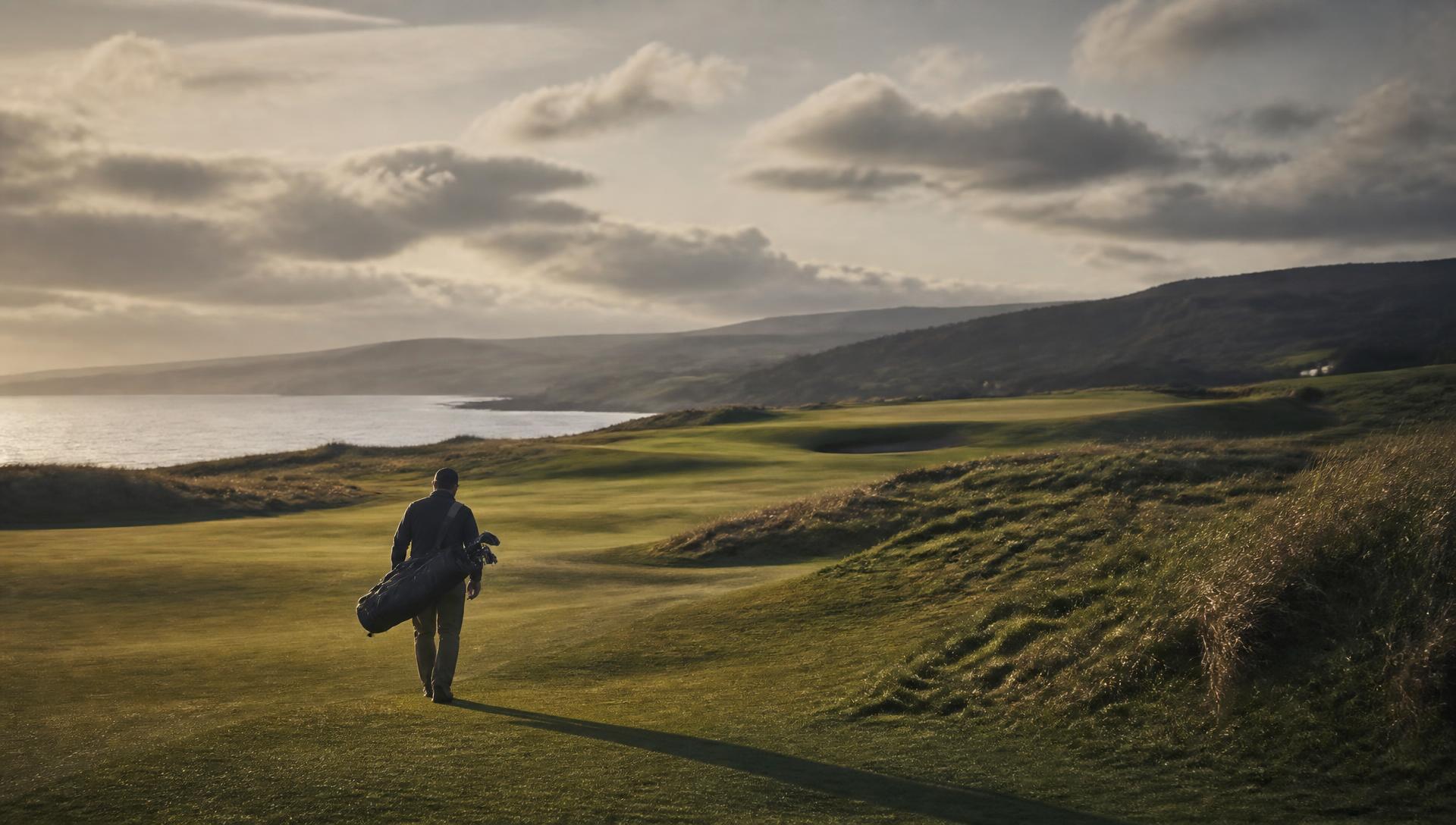 Golfer walking a coastal links fairway in late afternoon light