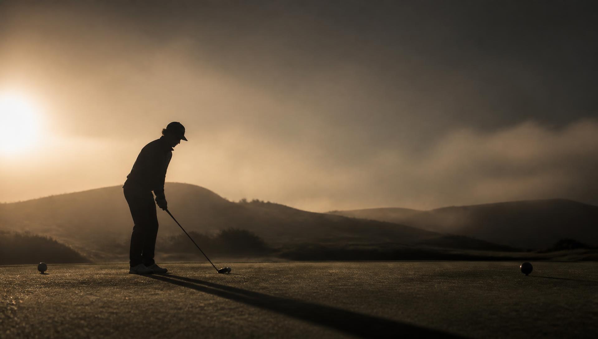 Golfer at address on a links course at dawn
