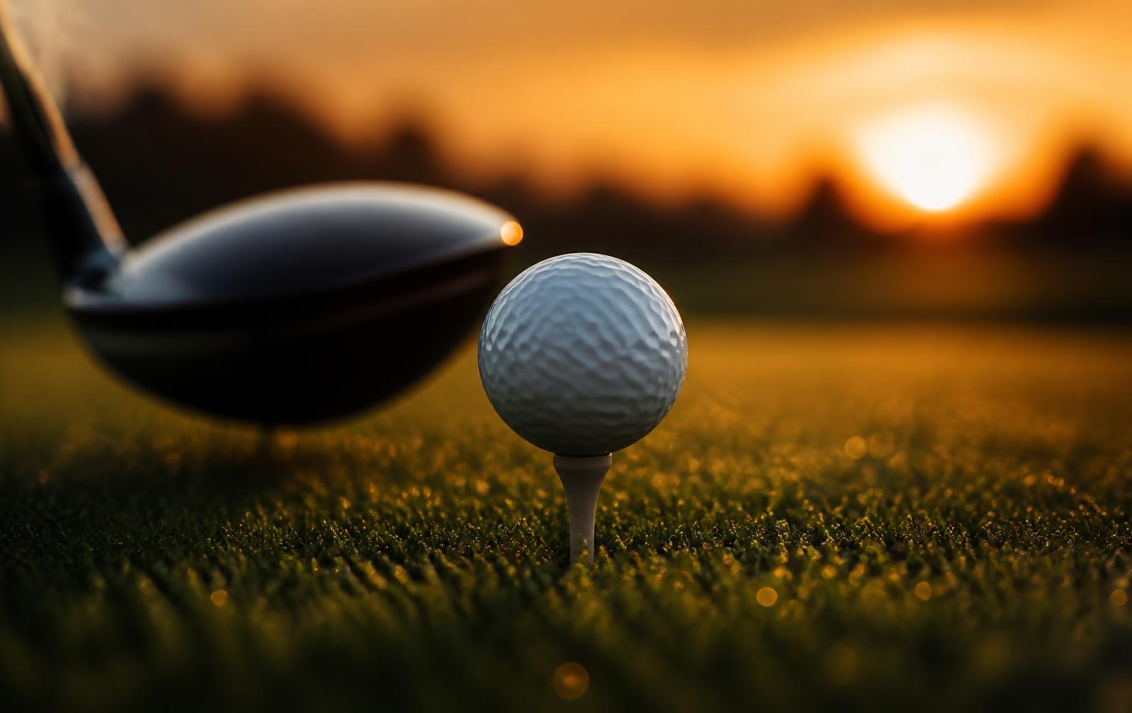 Golf ball on a tee at sunrise with a driver head behind it